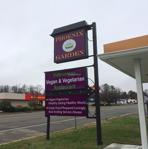 the sign outside, on a foggy day  at Phoenix Garden in Richmond