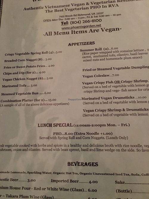 Menu part 1 at Phoenix Garden in Richmond