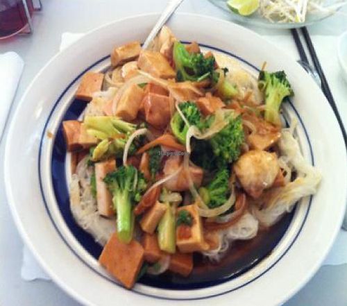 Pan-Fried Rice Stick Noodles. Topped with with vegetarian chicken, roast pork, mushrooms and broccoli in House Special Ginger Sauce. at Phoenix Garden in Richmond