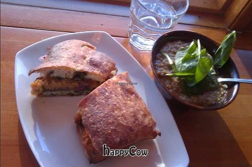 Vegan Chickpea Fritter Sandwich and Warm Lemon Lentil Dahl (ask for no yogurt on top). at Boxwood Cafe in Calgary