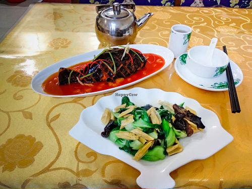 Vegan fish and greens with tofu at Beijing Zheng Long Zhai at Beijing Zheng Long Zhai in Beijing