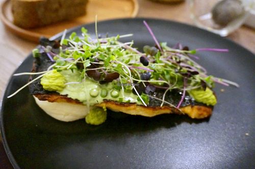 Mashed potatoes with tofu and nori, pea cream (November 2022 menu) at Lento in Antwerpen