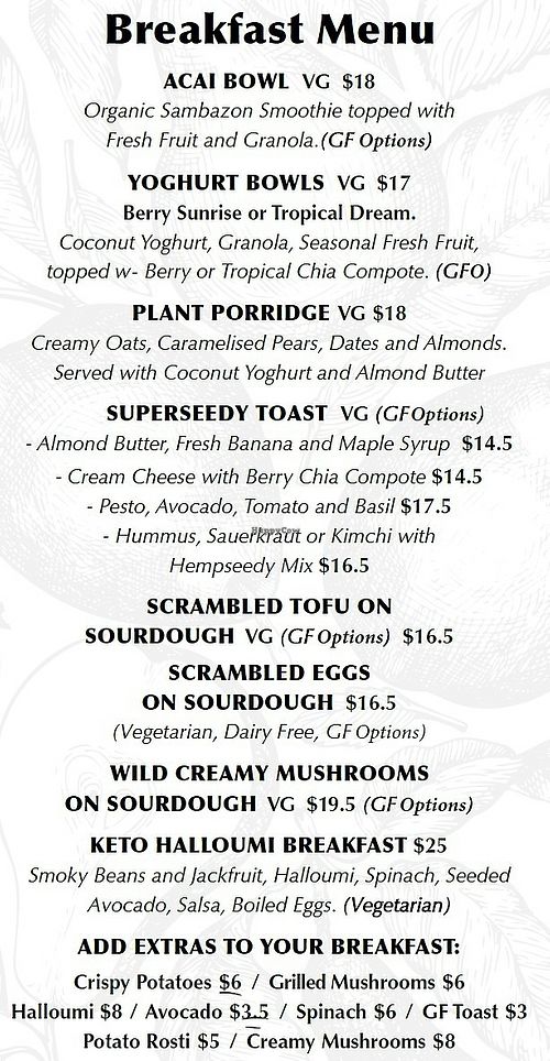 Breakfast menu at Wild Pear Kitchen in New Plymouth