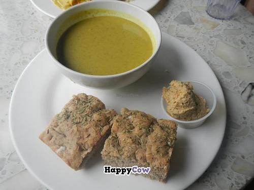 Vegan curry leek soup with rosemary-salted bread and hummus at Graenn Kostur in Reykjavik