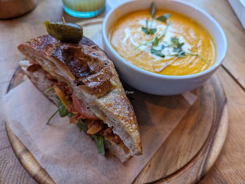 Bbq-jackfruit sandwich and soup half-and-half lunch deal at VIBE Plant Based Cafe & Restaurant in Douglas