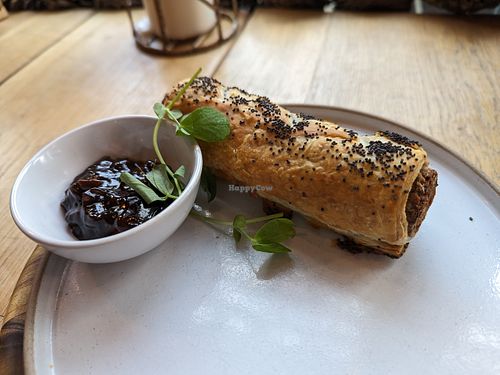 Sausage roll with chutney at VIBE Plant Based Cafe & Restaurant in Douglas