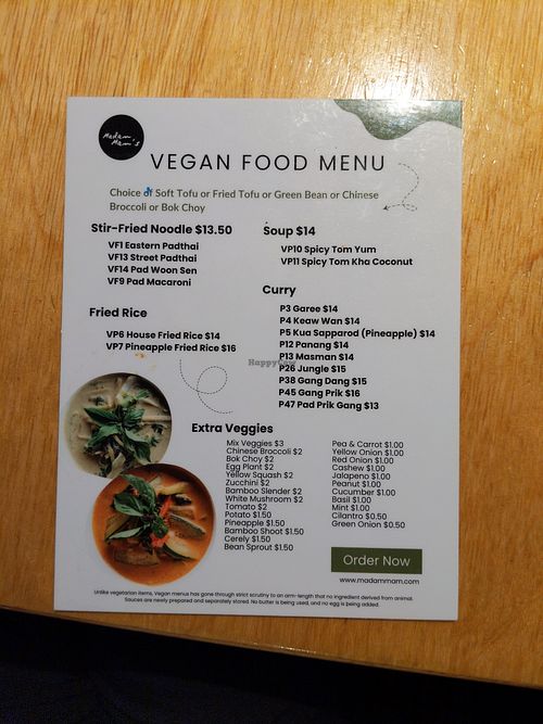 Separate vegan menu - numbers reference items on regular menu at Madam Mam's in Bee Cave