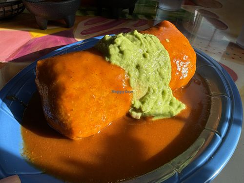  Veggie burrito, no dairy, added grilled onions, potatoes and red sauce.   at La Casita De Oro in Gold Beach