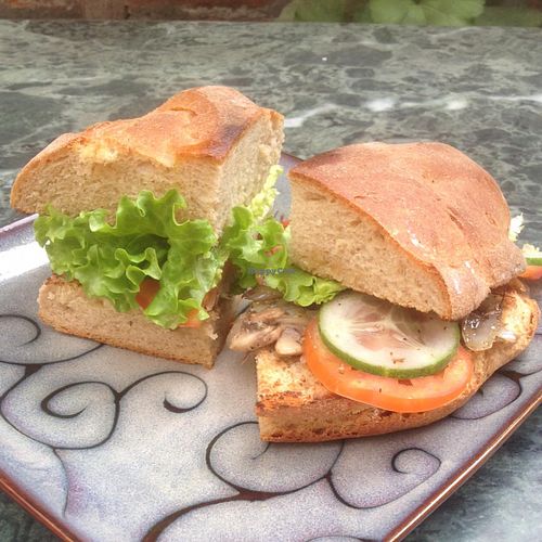 sandwich with mushrooms and onion at Fine Grains Bakery in Kathmandu