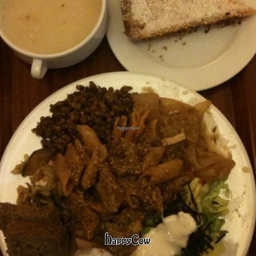 entree (cauliflower soup), multiple part main course (veggie paella), desert (pumpkin pie) All Vegan !!!  at Macrobiotic Zen in Barcelona