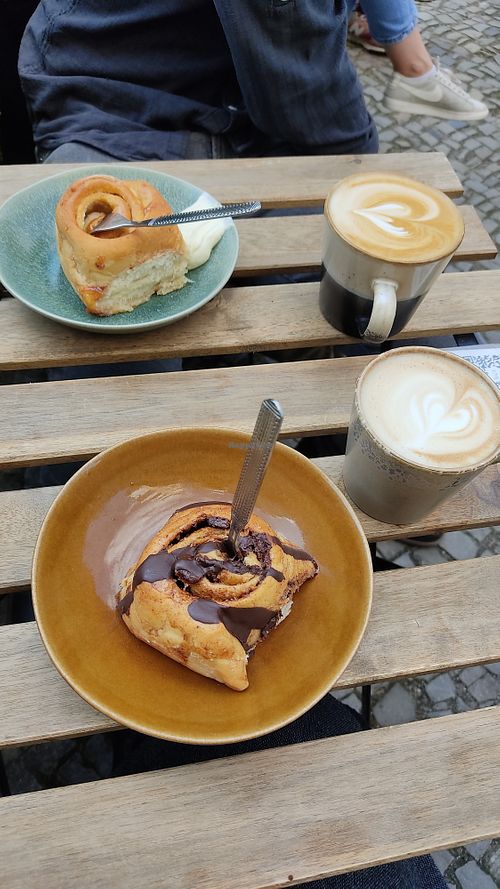 Cinnamon buns with chocolate (vegan), and salted caramal with topping (not vegan) at Hey Schnecke in Berlin