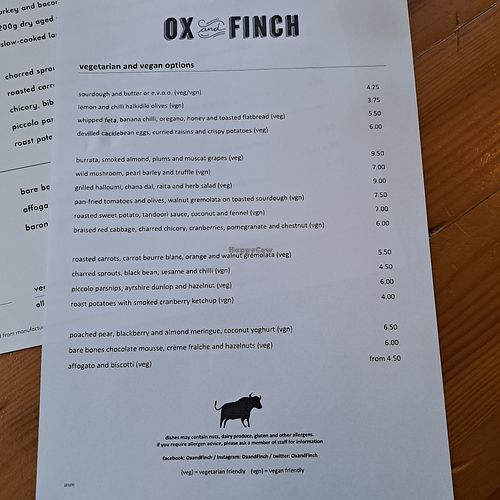 Vegetarian & vegan menu (December 2022) at Ox and Finch in Glasgow