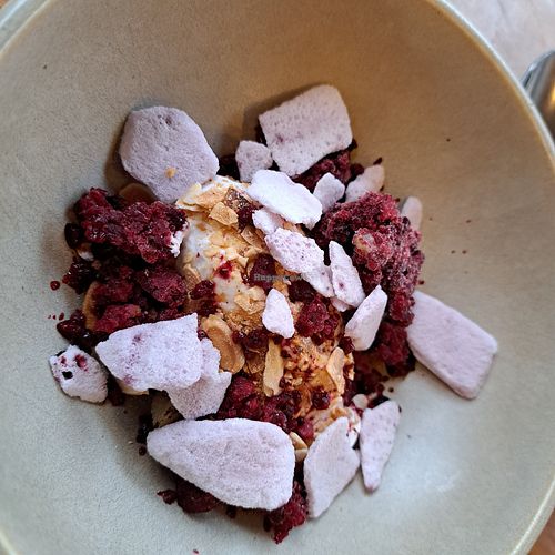 Poached pear, blackberry and almond meringue, coconut yogurt at Ox and Finch in Glasgow
