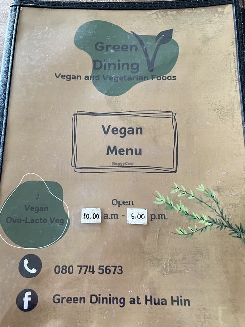 Menu with number and opening hours   at Green Dining in Hua Hin