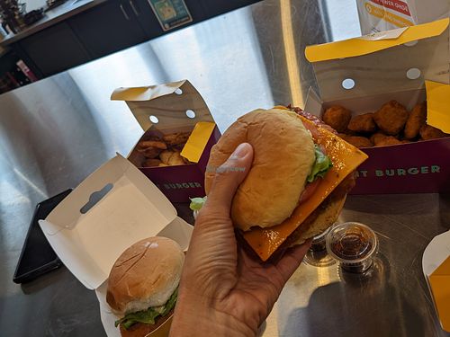 Spicy chicken sandwich= crispy one with cheese, hot sauce, tomato. Also got herb fries, 24 pc poppers - everything was delicious. Sadly no longer selling filet. at PLNT Burger in Boston