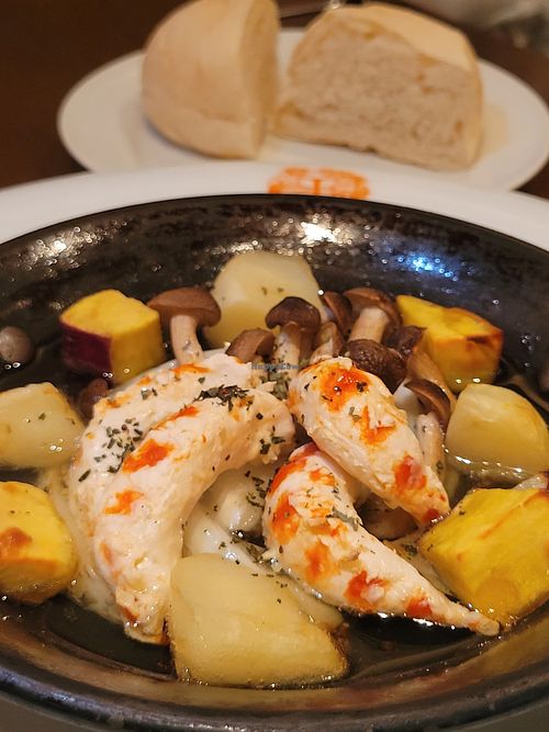 I think this was a seasonal menu Spanish dish with vegan shrimp at T's Restaurant in Tokyo
