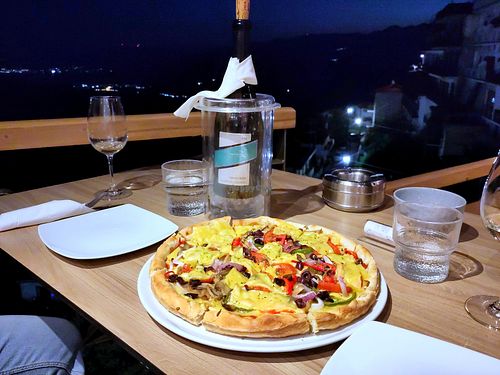 Vegan pizza with a view at Agora Cafe in Delphi