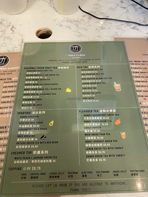 Menú, Please Inform Them of Any Allergies  at Honey.U in San Leandro