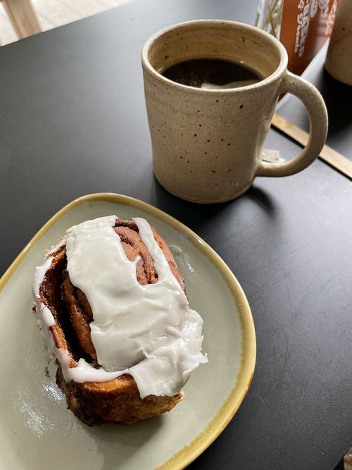Incredible cinnamon bun and super tasty coffee  at Zola's Bakery in Galashiels