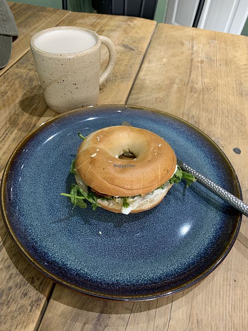 Vegan salmon and cream cheese bagel with oat milk latte  at Zola's Bakery in Galashiels