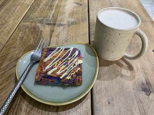 Rainbow blondie and chai latte  at Zola's Bakery in Galashiels