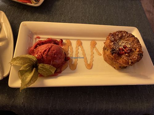 Vegan apple cake with berry sorbet - so good!  at Café Winuwuk in Bad Harzburg