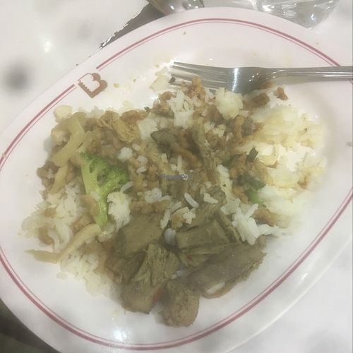 faux meat vegan food  at Bobae Tower Food Court in Bangkok