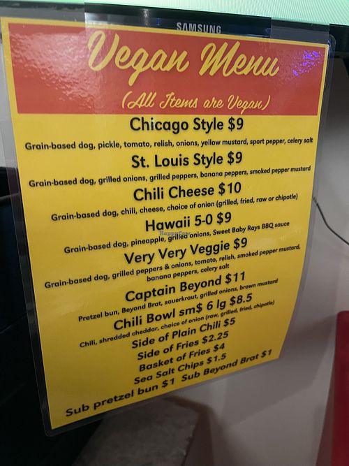 Vegan menu  at Steve's Hot Dogs in St Louis