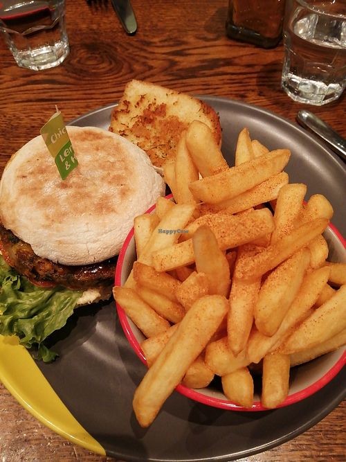 Chickpea burger, peri peri chips and garlic bread at Nando's - Mailbox in Birmingham
