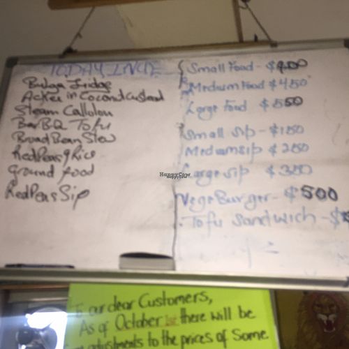 today's menu  at Calabash Ital Restaurant in Ocho Rios