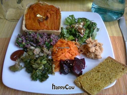 Vegetables, basmati rice, pumpkin-mushroom-fried onion pie at Cafe Ginger in Paris