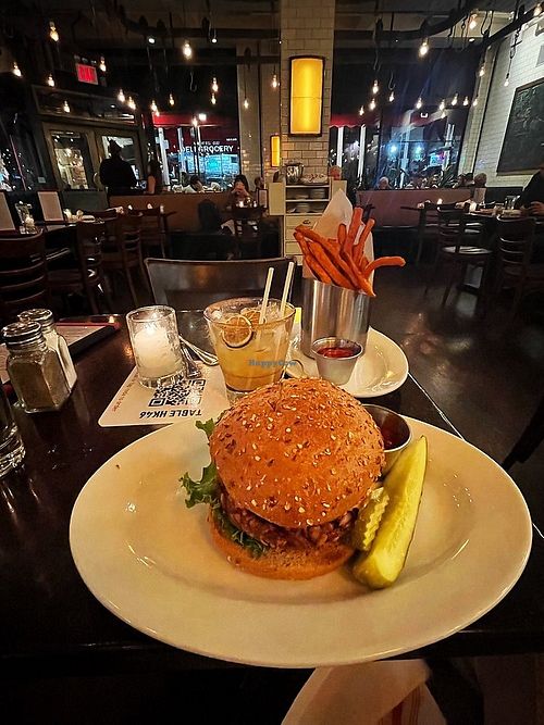 Impossible Burger. Sweet potatoe fries. Pumpkin spice margarita. at 5 Napkin Burger in New York City
