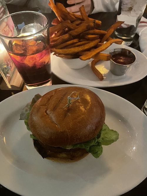Impossible burger and sweet potato friess  at 5 Napkin Burger in New York City
