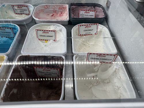 Some vegan flavours (labelled )  at Reddy's Marvellous Dessert Parlour in Aberdeen