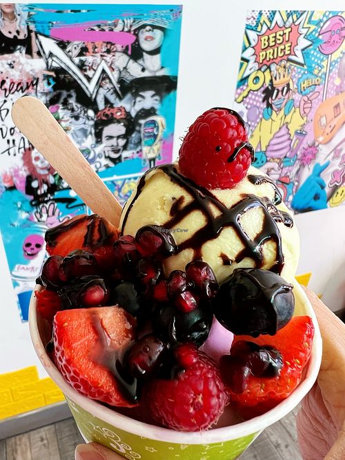 Vegan sorbets with berries & chocolate sauce   at Reddy's Marvellous Dessert Parlour in Aberdeen