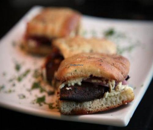 Mini vegan bbq burgers: portobello mushroom with vegan soy or daiya cheese, roasted red onion and bbq sauce. at EVO Kitchen in West Hollywood