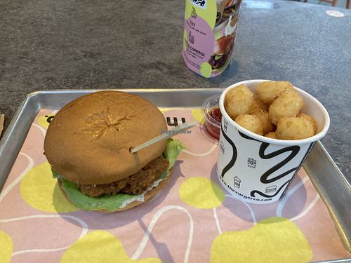 GF fried chicken burger & tater tots   at The Vurger Co in Manchester