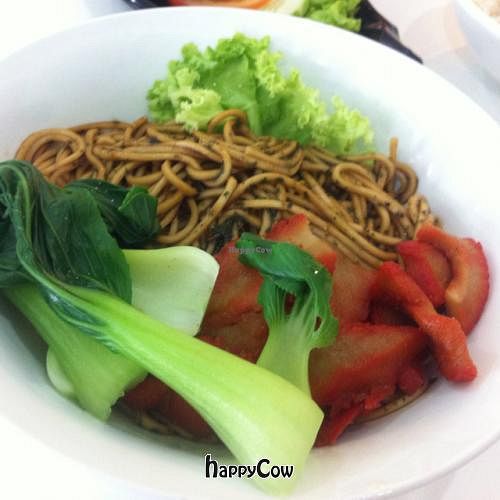 savory noodles with bok choy and faux pork at Coya Healthy Cuisine 古雅素食料理 in Penang
