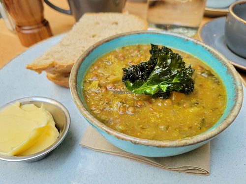 Broccoli kale and lentil soup at Saramago Cafe Bar in Glasgow