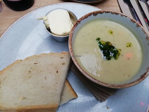 Cauliflower, potato and tahini soup at Saramago Cafe Bar in Glasgow