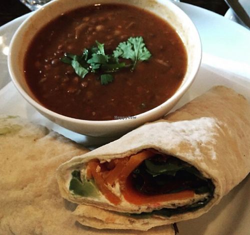 Moroccan chickpea soup with butternut squash and sage wrap  at Saramago Cafe Bar in Glasgow