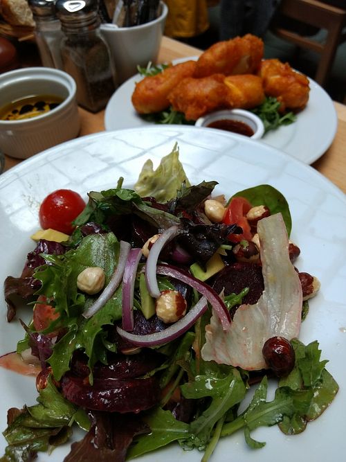 warm beetroot salad and tofu tempura. at Saramago Cafe Bar in Glasgow