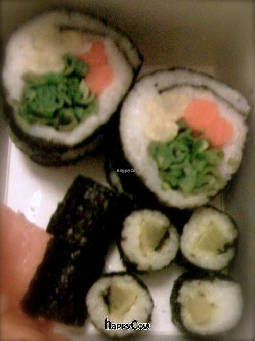 Vegan sushi box, Cherry and Heather.  Contains spring onion, sweetcorn and red pepper, or cucumber all with sushi rice.   at Cherry and Heather in Glasgow