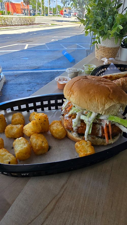 Hot maple syrup and tater tots at Stephanie's Vegan Bakery + Cafe in Fort Lauderdale
