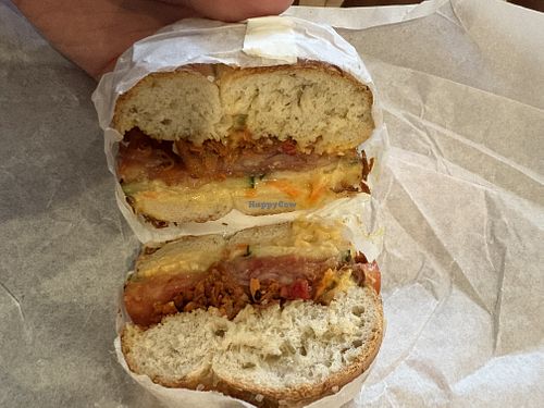 Bagel with vegan cream cheese and bacon, mmmmm  at James Oliver Coffee in Detroit