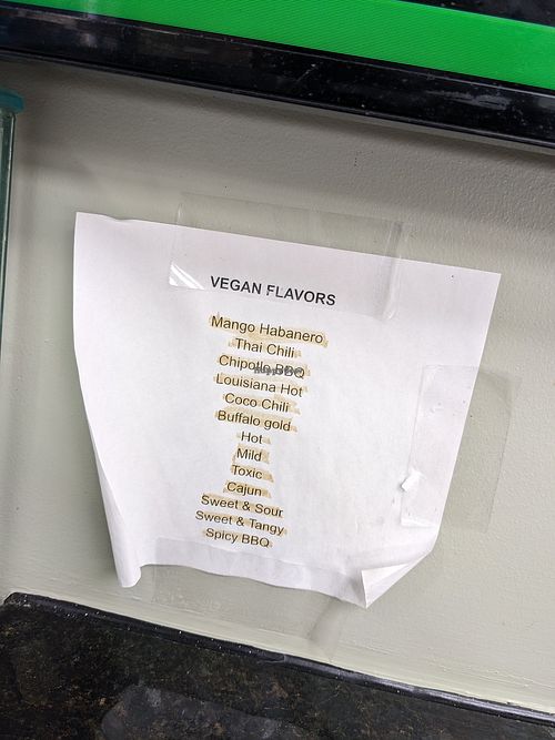 vegan wing flavor choices. still open 1/2024 at Toxic Wings in Commack