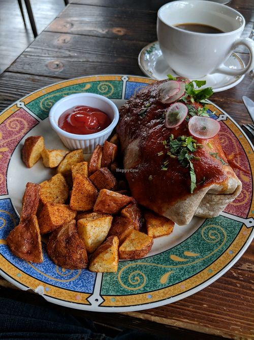 Vegan chipotle chickun Burrito at The Den Cafe in Santa Ana
