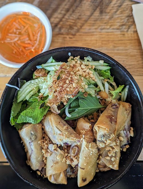 Vegan noodle salad has spring rolls at Ba's Vietnamese Comfort Food in Albany