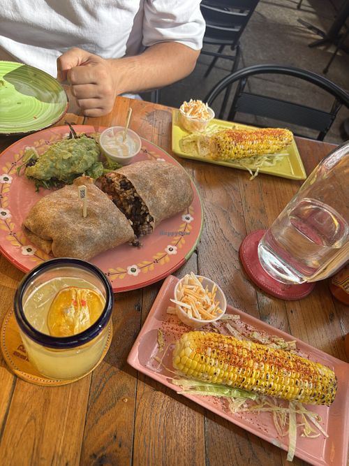 Beyond meat burrito, elotes and guacamolee  at Burrito Bar and Kitchen in Brooklyn