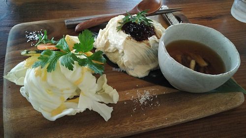 The yuba set. This is a very unique dish. Strips of yuba were laid over a heap of rice. Yuba doesn't have much taste, other than a very light soya flavour, but it goes very well with the sauce served on top of it. at Yasai Cafe Meguri in Nikko